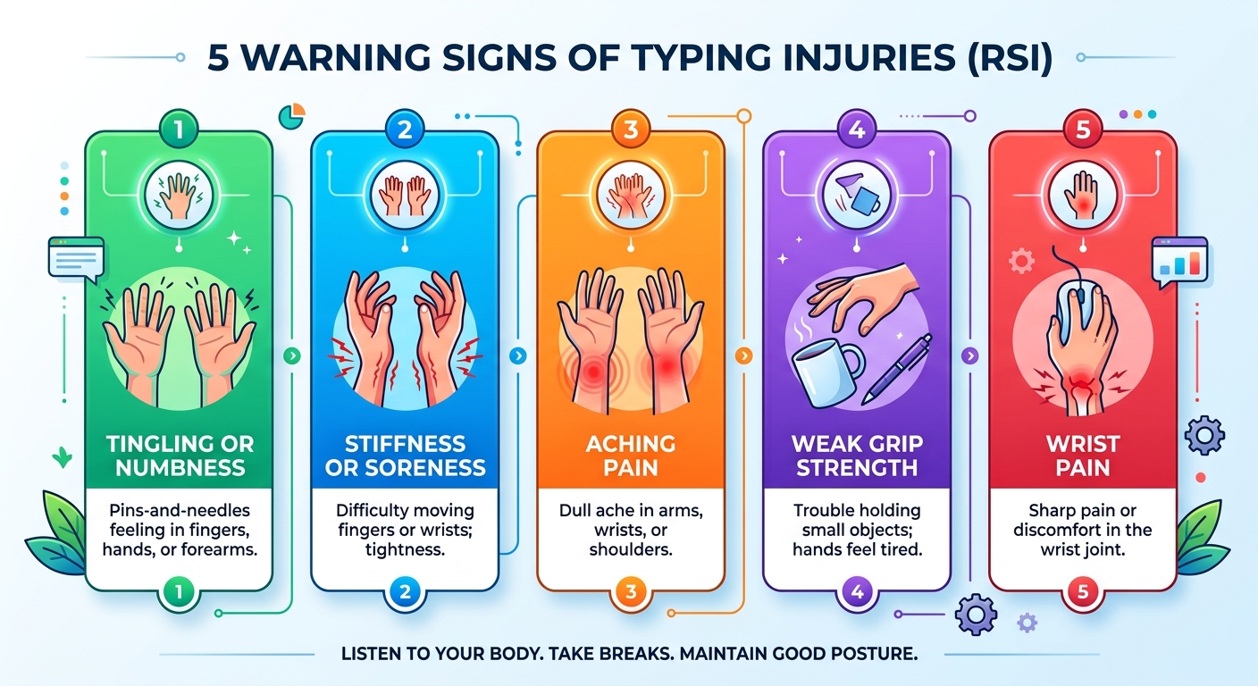 Infographic showing five warning signs of typing injuries: tingling, stiffness, ache, weak grip, wrist pain.