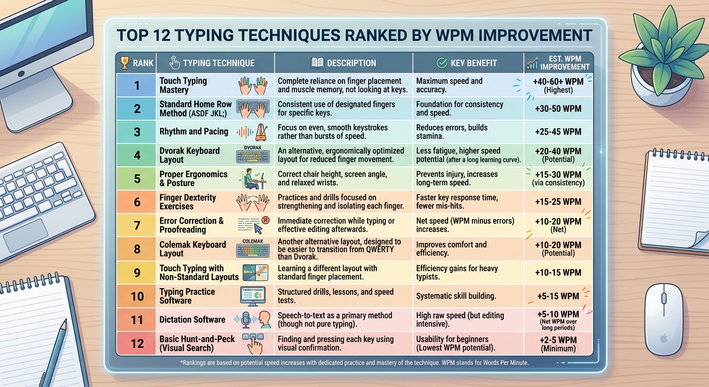 Table showing 12 typing techniques ranked by WPM improvement.