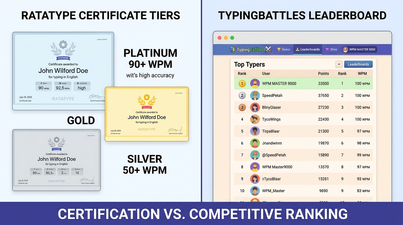 Side-by-side comparison: Ratatype certificate tiers (Platinum, Gold, Silver) vs TypingBattles leaderboard.