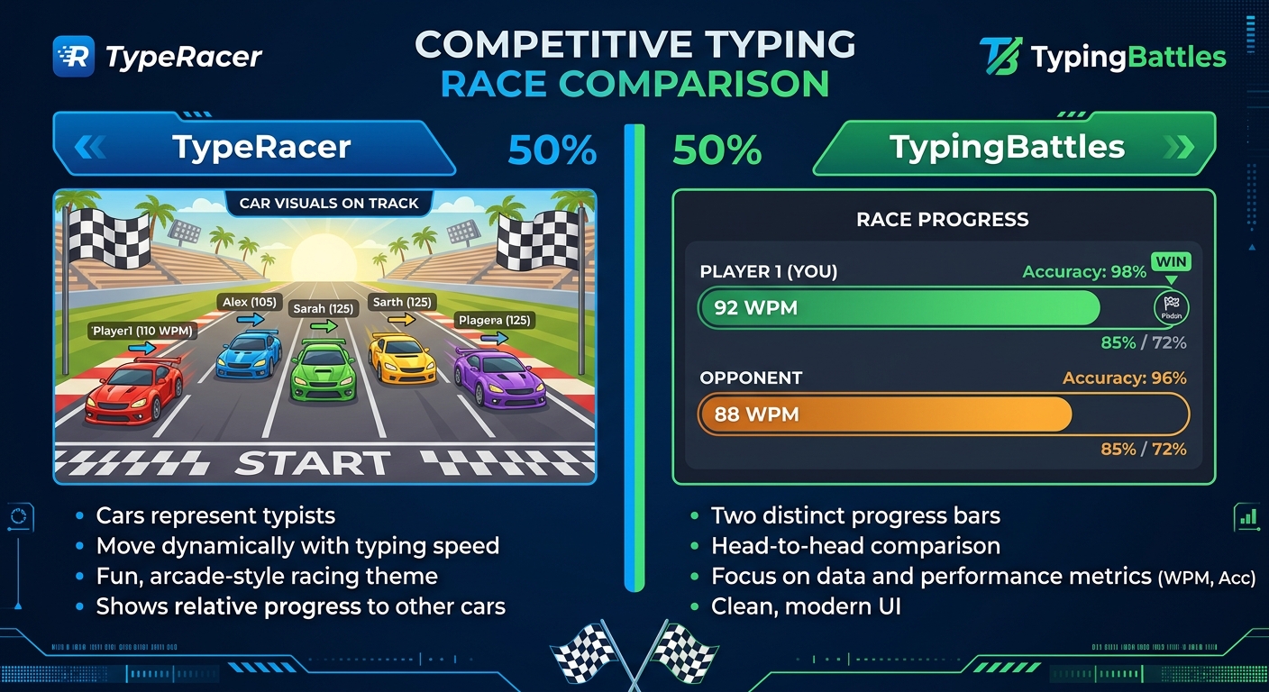 Split screen comparison: left side shows TypeRacer race with cars on a track, right side shows TypingBattles race with two progress bars.