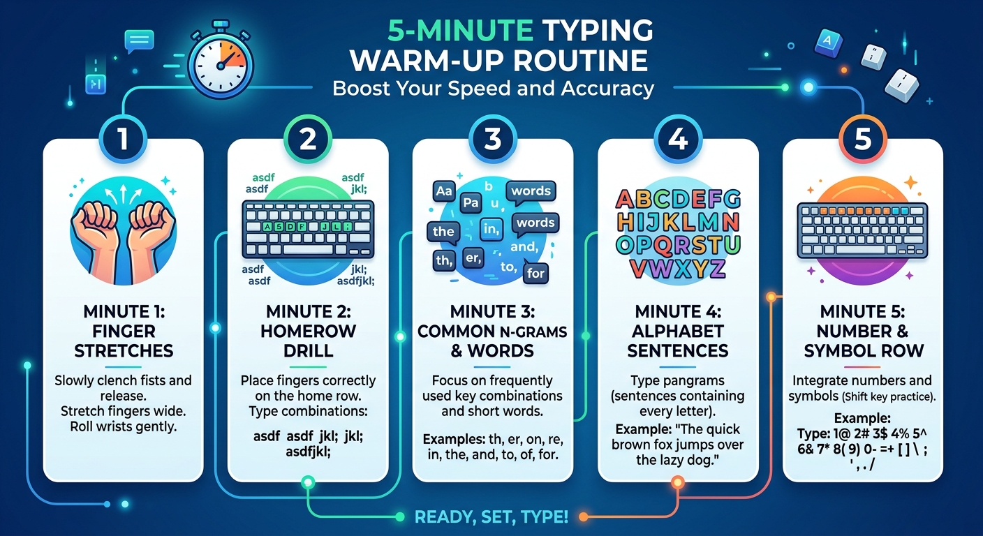 Infographic showing a 5-minute typing warm-up routine with five one-minute drills.