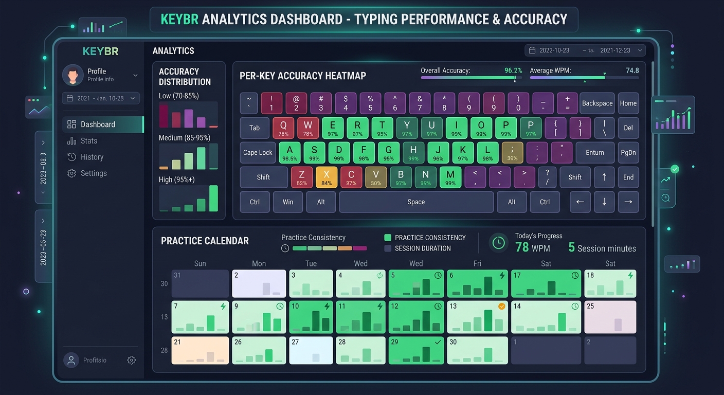 Keybr analytics dashboard showing per-key accuracy heatmap and practice calendar.