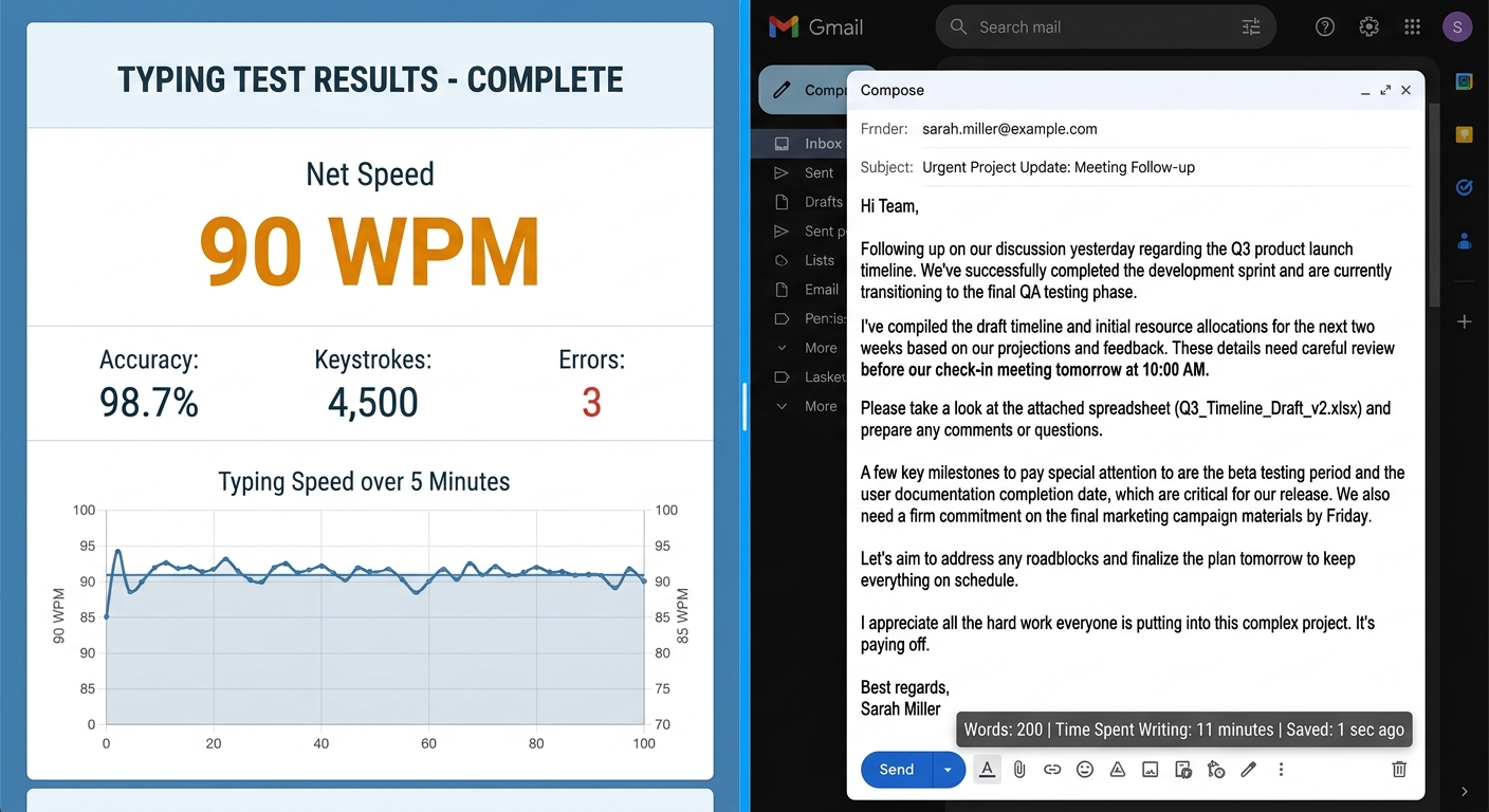 Split image: left side shows typing test result at 90 WPM, right side shows 200-word email written in 11 minutes.