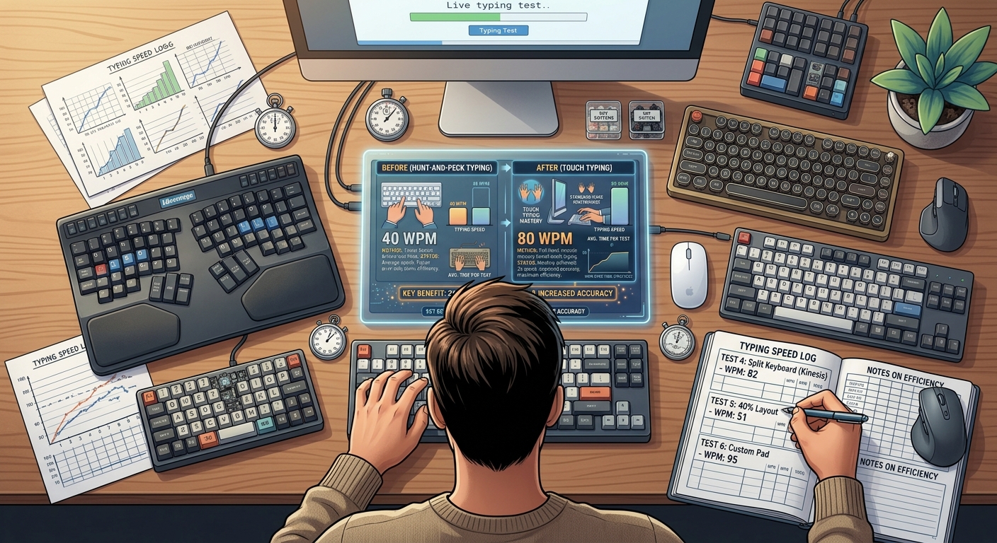Person sitting at a desk with multiple keyboards, taking notes on typing speed.