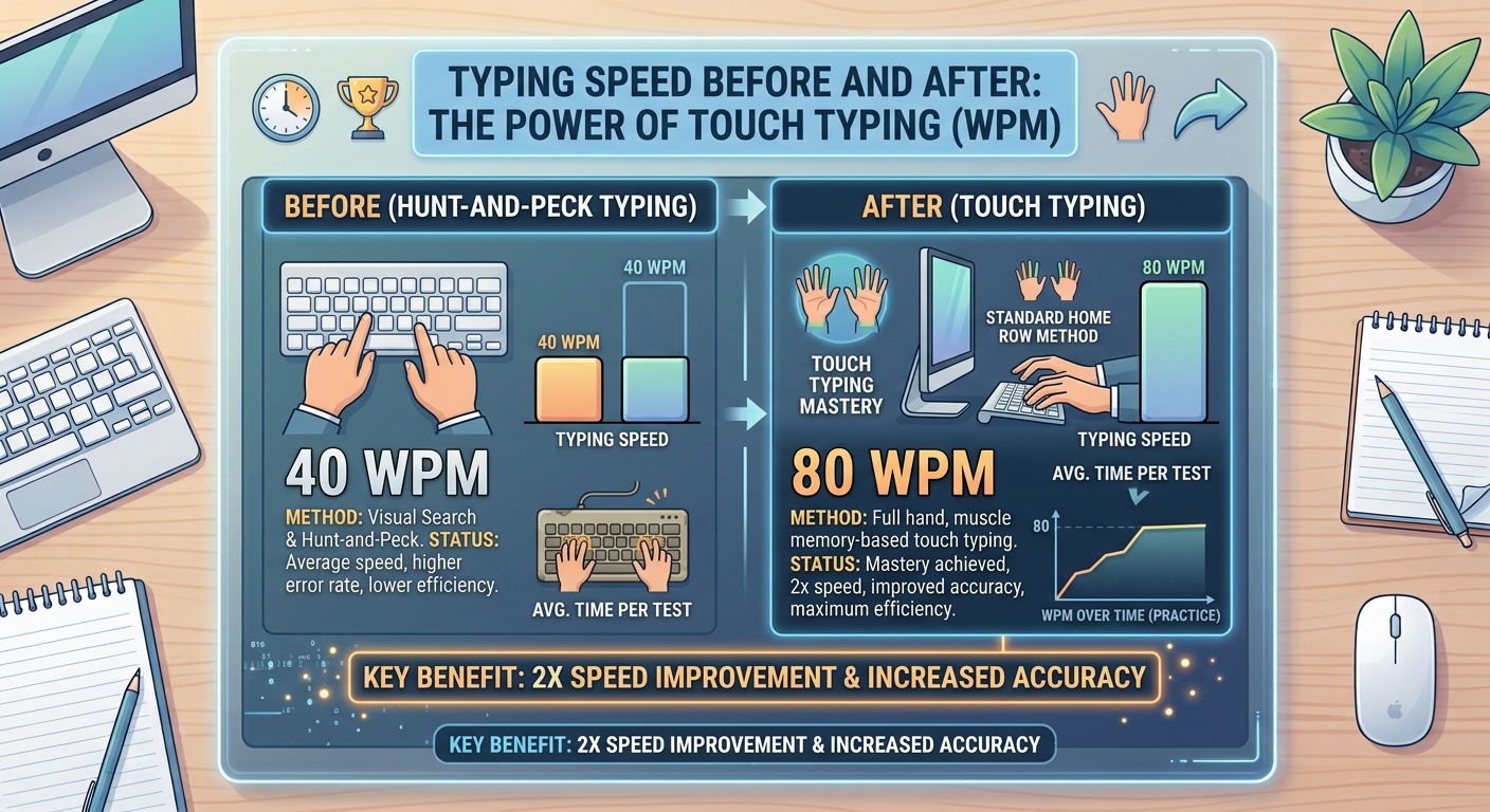 Before-and-after chart showing typing speed improvement from 40 WPM to 80 WPM after switching to touch typing.