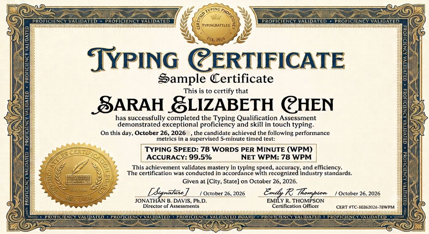 typing certificate showing name and WPM score.