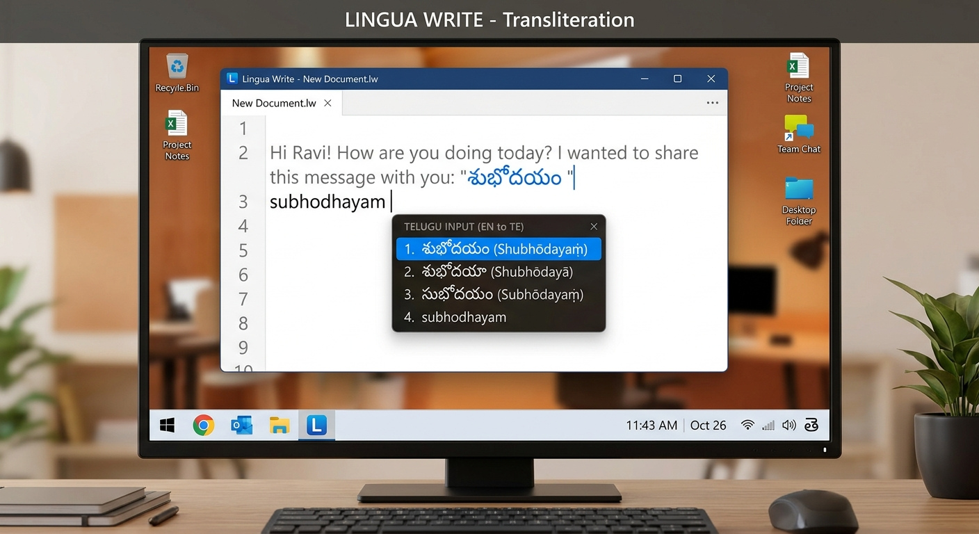 Screenshot showing English to Telugu transliteration in real-time on a computer screen.