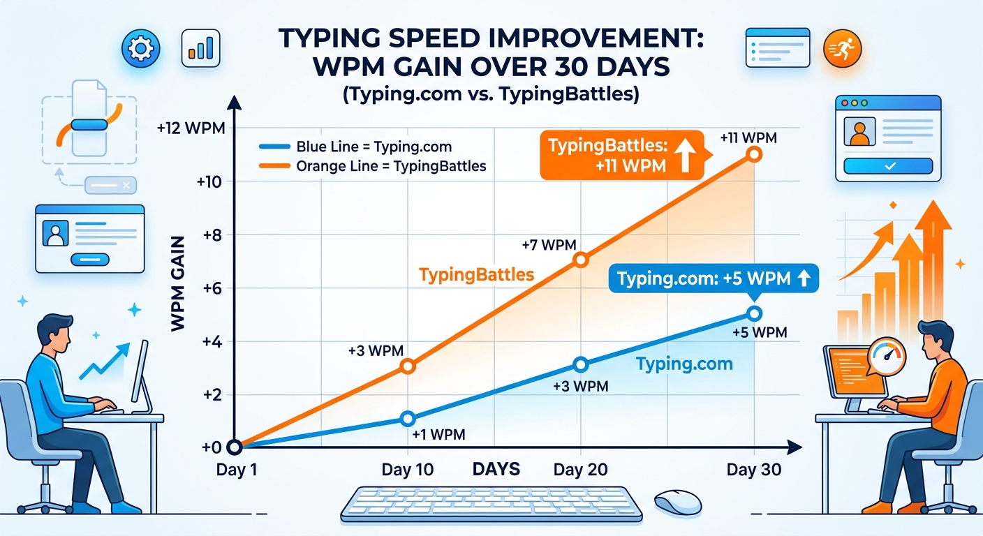 Line graph showing WPM improvement: Typing.com +5 WPM vs TypingBattles +11 WPM over 30 days.