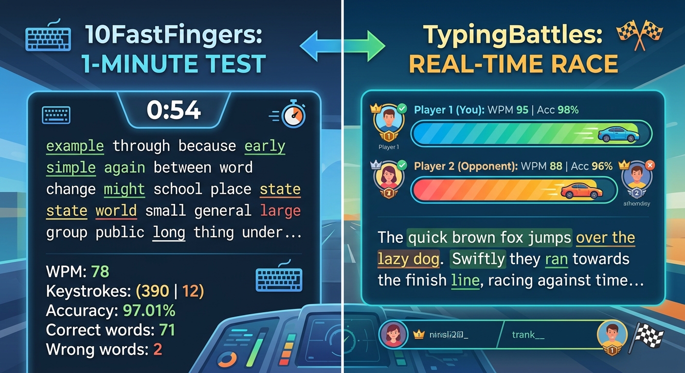 Split screen comparison: left side shows 10FastFingers 1-minute test with word list, right side shows TypingBattles race with two progress bars.